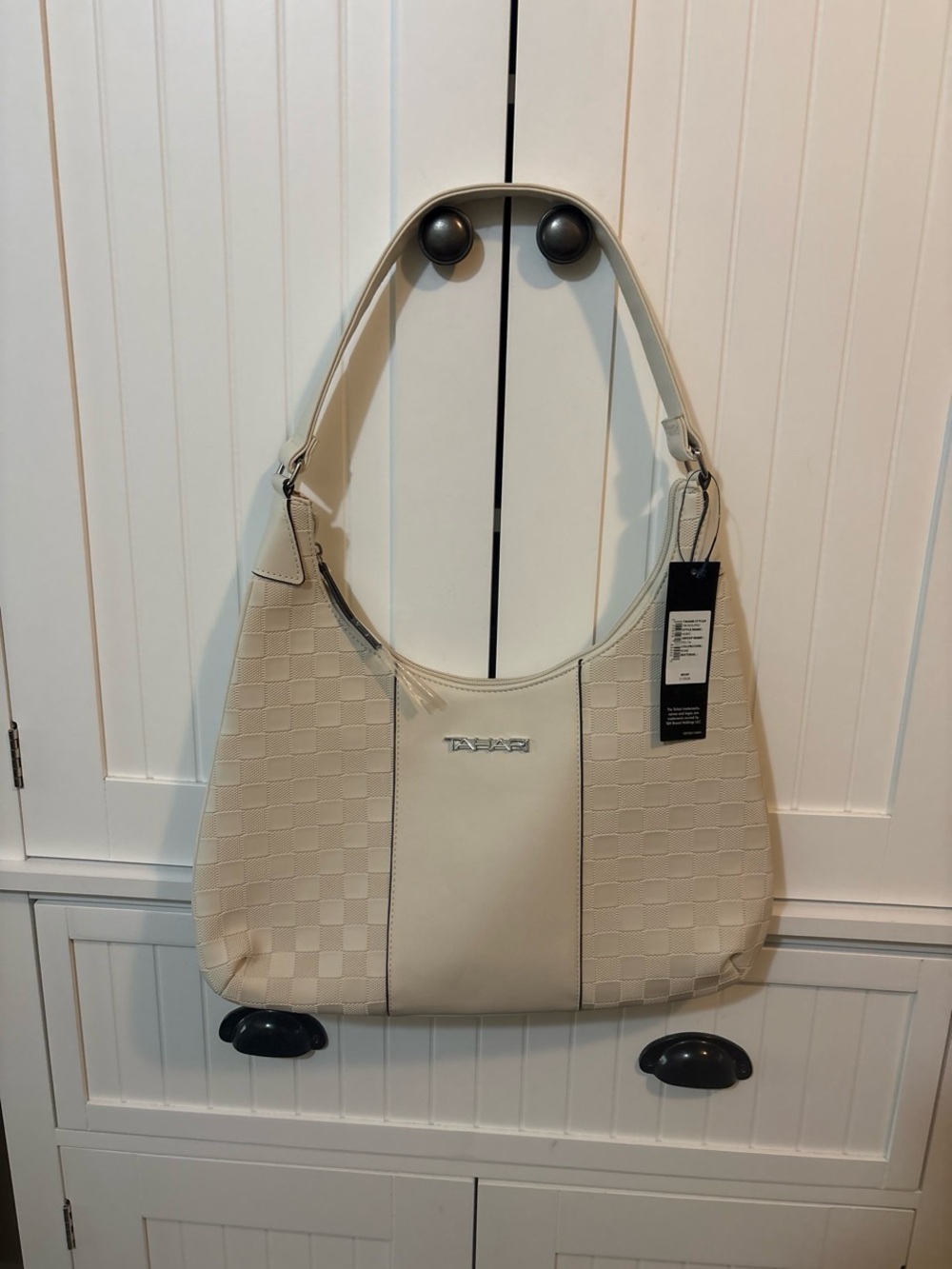 NWT Tahari Cream Checkerboard Shoulder Bag Hobo Purse Wedding Clean Girl Preppy